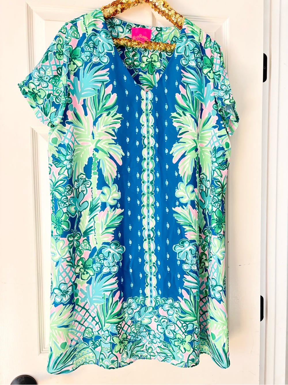 Lilly Pulitzer Blue & Green Tropical Print V-Neck Short Sleeve Dress Sz Large